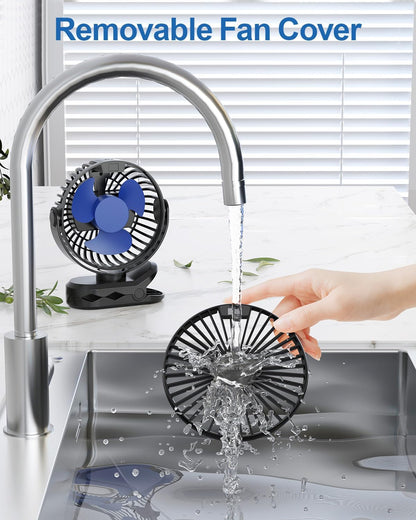 SWEETFULL Portable Clip on Fan, Battery Operated Stroller Fan, 4000mAh Rechargeable Mini Cooling Desk Fan (Black)