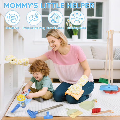 Dreamon Wooden Toddler Cleaning Set - 11Pcs Kids Cleaning Toy Set with 3-in-1 Kids Vacuum That Really Works, Montessori Cleaning Toys with Broom and Mop Set for Toddlers Girls Boys Age 3-6