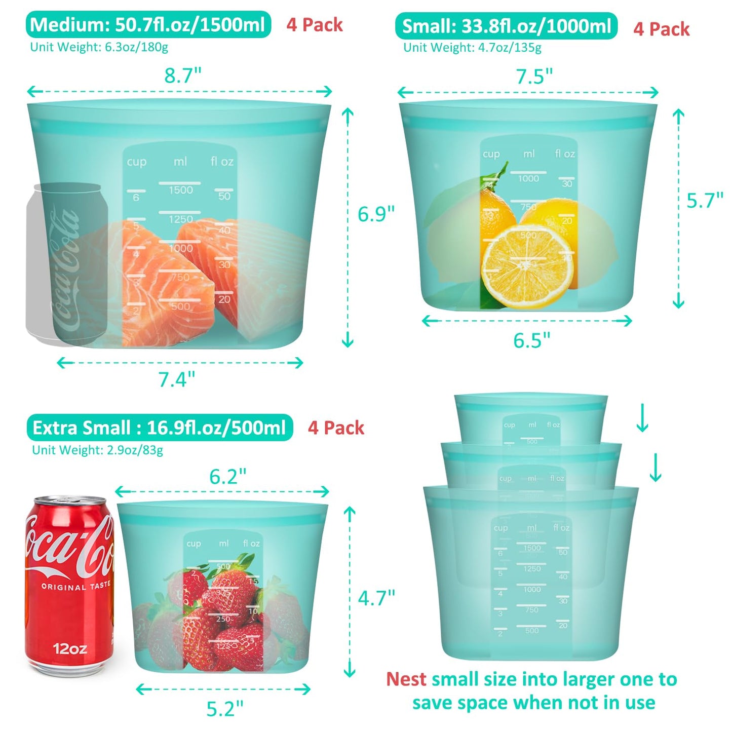 Annaklin Reusable Food Bags, 12 Pack 100% Silicone Food Storage Bags Stand Up Zip Lock Container, Freezer Microwave Oven Dishwasher Safe, 4 Medium 4 Small 4 Extra Small, Aqua