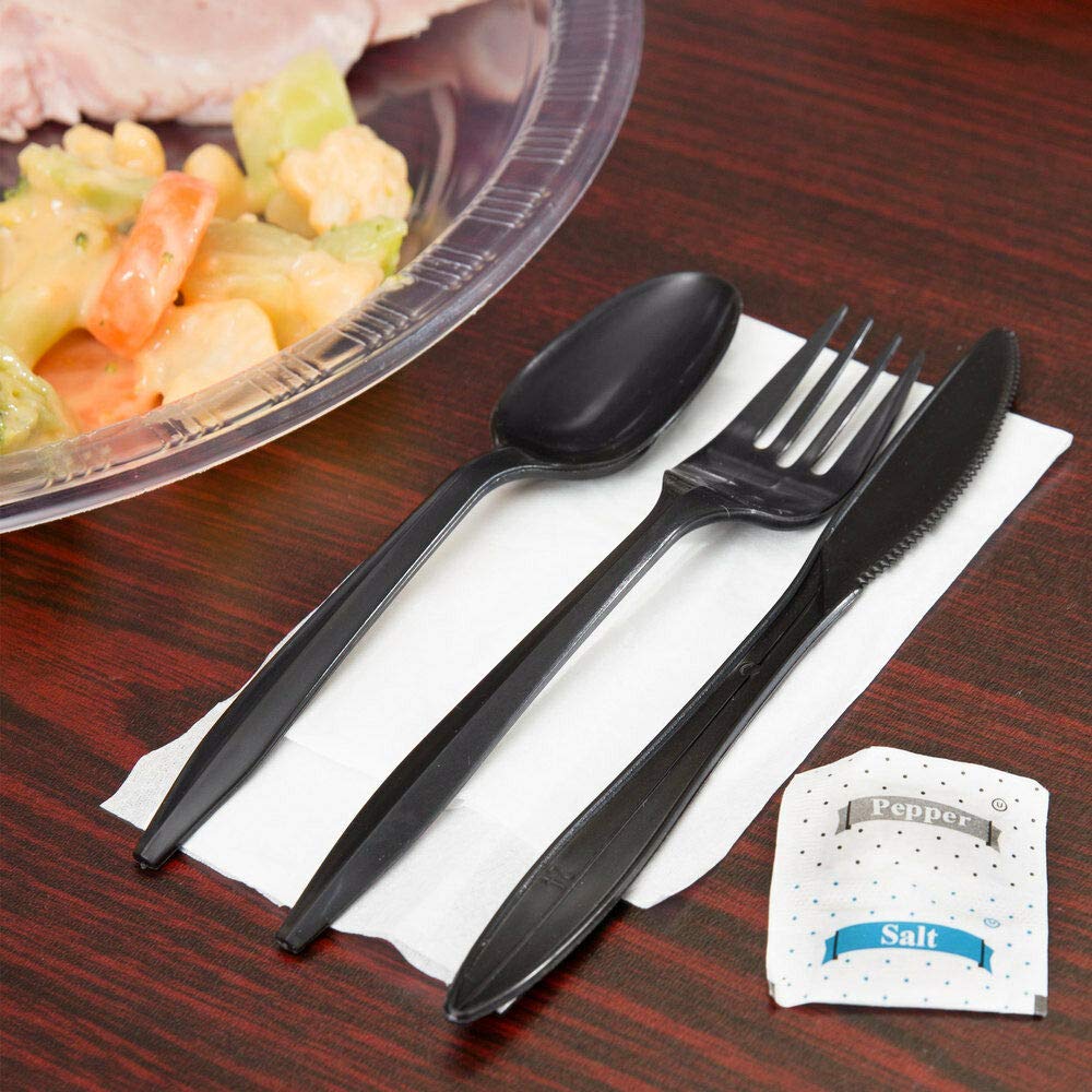 250 Plastic Cutlery Packets - Knife Fork Spoon Napkin Salt Pepper Sets | Black Plastic Silverware Sets Individually Wrapped Cutlery Kits, Bulk Utensil Cutlery Set Disposable To Go Silverware