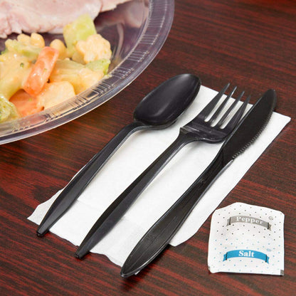 250 Plastic Cutlery Packets - Knife Fork Spoon Napkin Salt Pepper Sets | Black Plastic Silverware Sets Individually Wrapped Cutlery Kits, Bulk Utensil Cutlery Set Disposable To Go Silverware