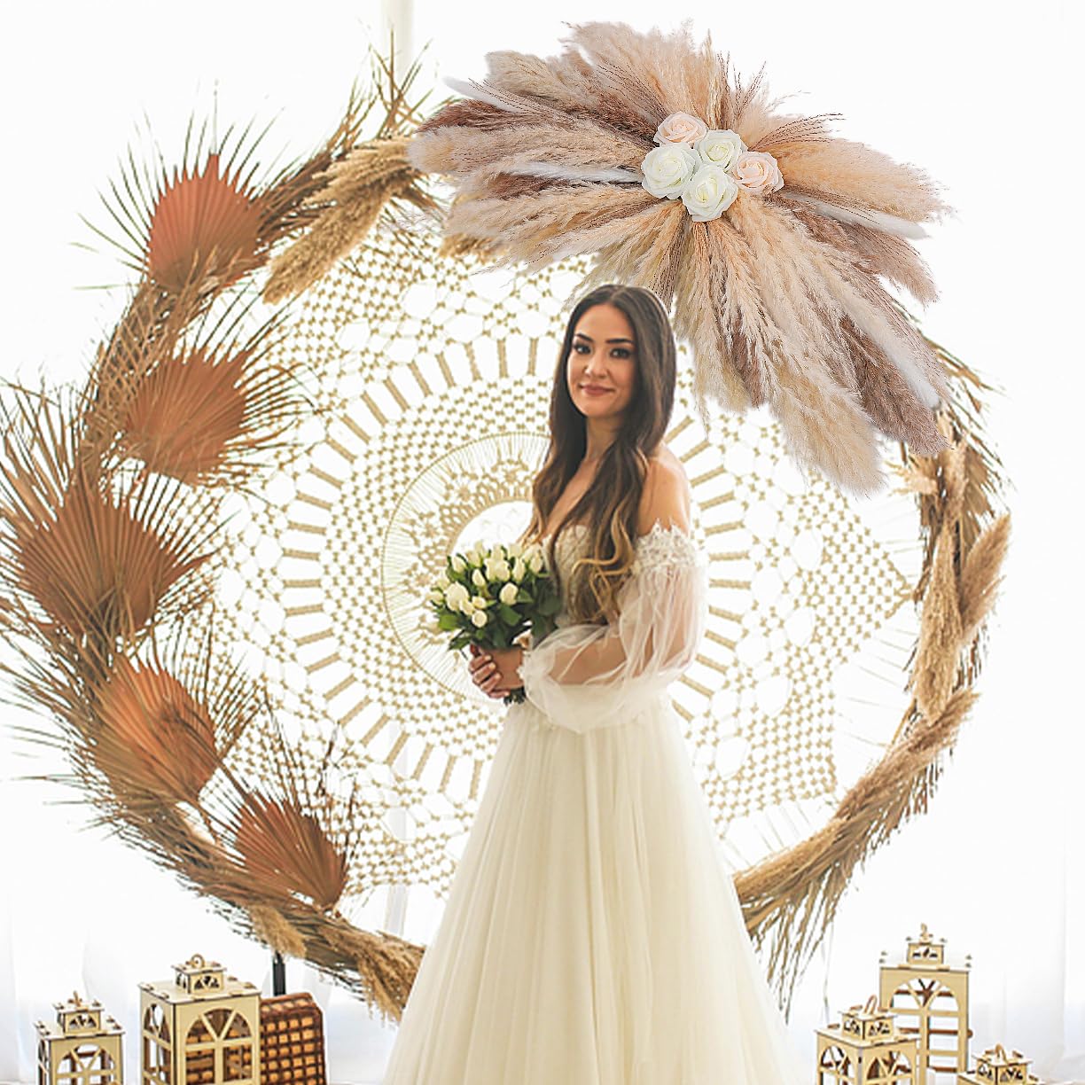 36-38" Large Pampas Grass Wall Decor, DIY Artificial Roses & Natural Dried Boho Hanging Flowers for Wall, Mirror, Wedding Arch, Entryway Decor, Gift, Requires Assembly & Easy Install