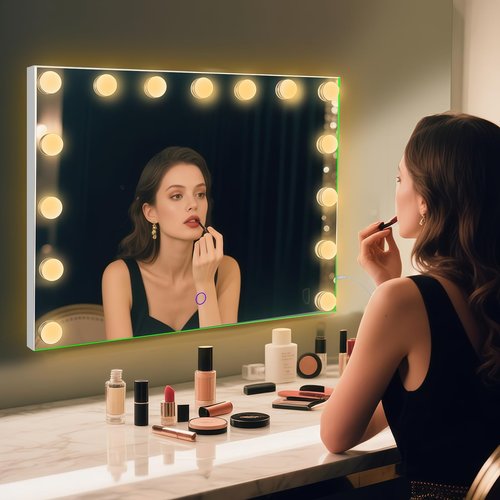 Amifiy Hollywood Vanity Mirror with Lights, 23"x18" Lighted Makeup Mirror with 10x Magnification for Desk/Wall Mount, 15 Led Bulbs, 3 Lighting Modes for College Dorm, Bedroom, Dressing Room (White)