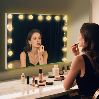 Amifiy Hollywood Vanity Mirror with Lights, 23"x18" Lighted Makeup Mirror with 10x Magnification for Desk/Wall Mount, 15 Led Bulbs, 3 Lighting Modes for College Dorm, Bedroom, Dressing Room (White)
