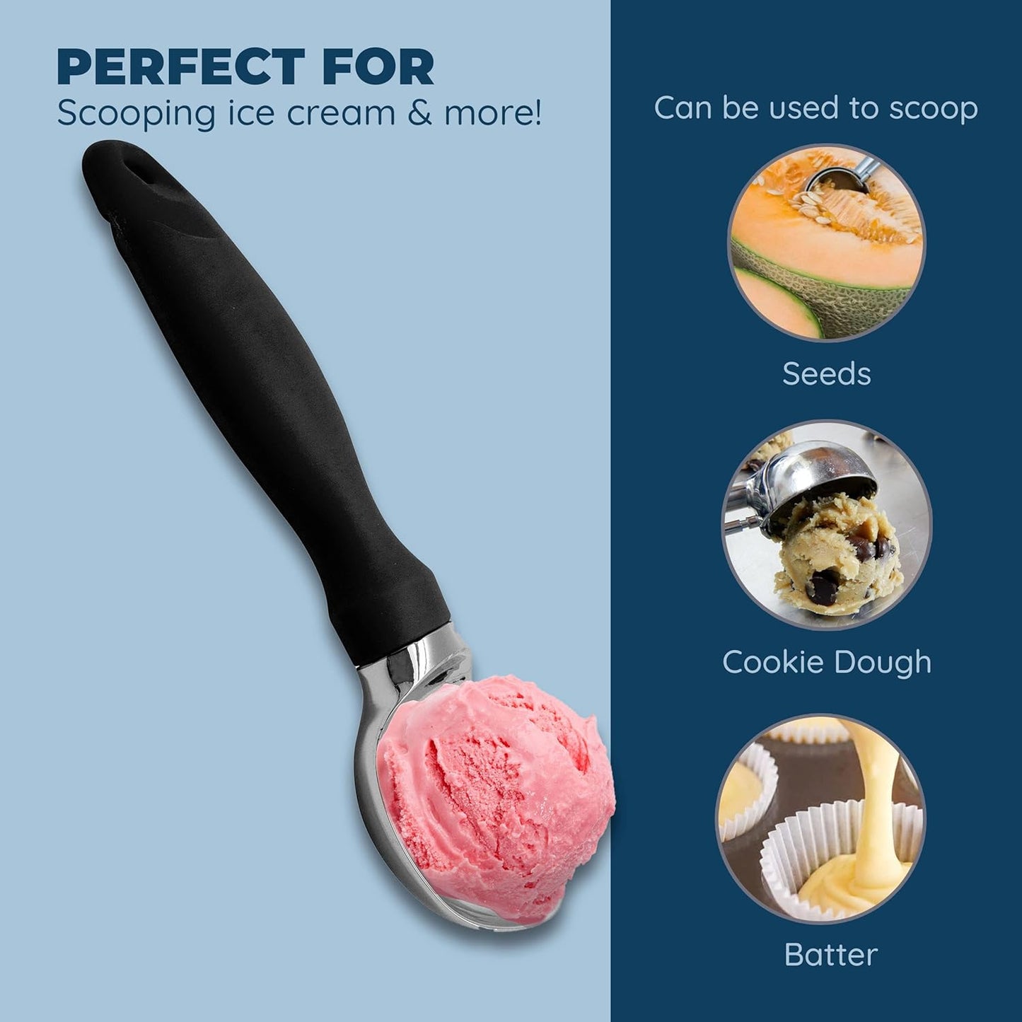 Deluxe Ice Cream Scoop with Soft Grip Handle & Lid Opener, Stainless Steel Heavy Duty Scooper Tool for Kitchen - Black
