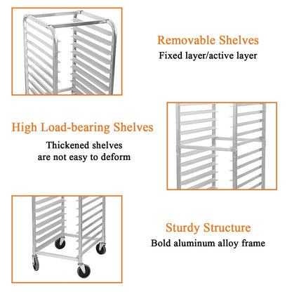 Zocgioe Bun Pan Rack, 10/20-Tier Commercial Bakery Racks with Brake Wheels, Bakery Rack, Aluminum Racking Trolley Storage, for Kitchen, Restaurant, Cafeteria, Pizzeria,20Tier