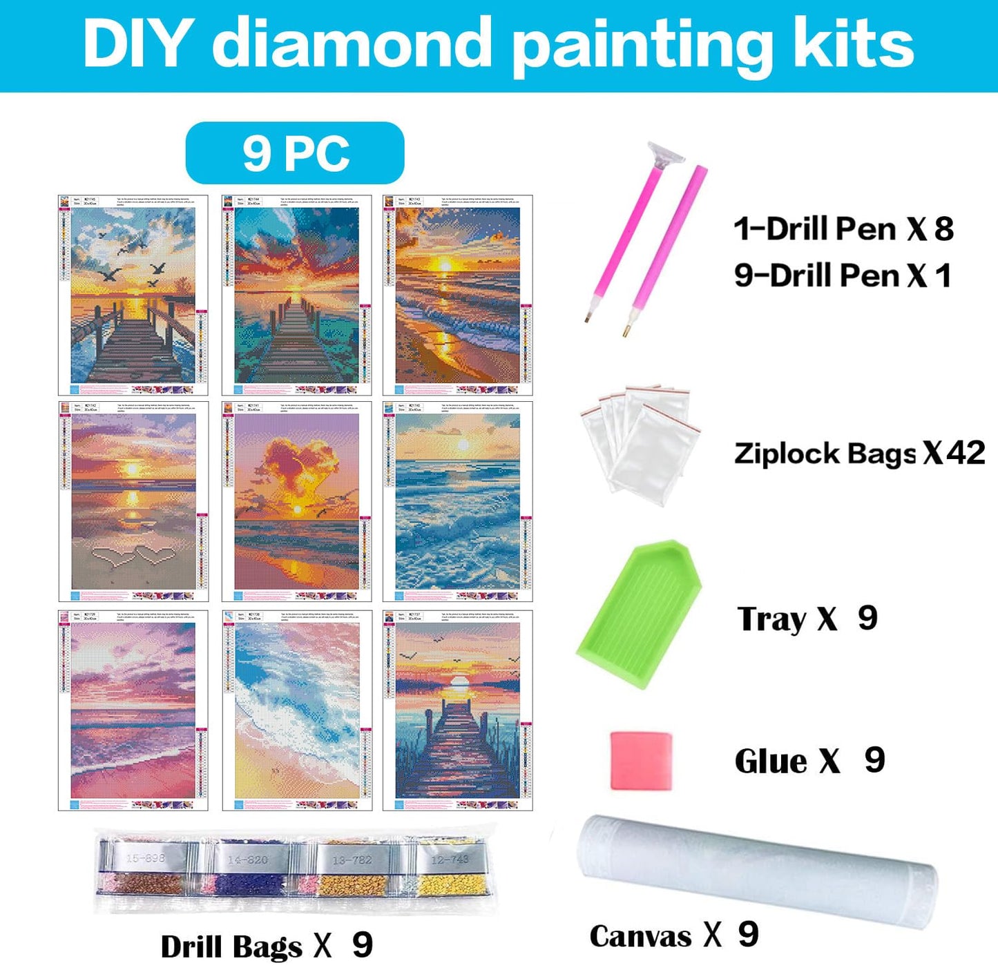 DPARTGMJT 9 Pack Beach Diamond Art Kits for Adults, Multipack Sunset Diamond Painting Kit for Adults, 5D DIY Round Drill Gem Art Adult Diamonds Dots Kits for Home Wall Decor Gift 12x16in (Landscape)