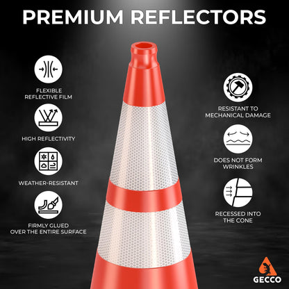 GECCO ™ (6 Pack) 28 Inch 7 Lb Heavy Duty Orange Traffic Cones Set | Durable Safety Cones, Orange Cones, Parking Cones, Construction Cones, Road Cones | PVC Plastic & Black Base - [PRO Series]