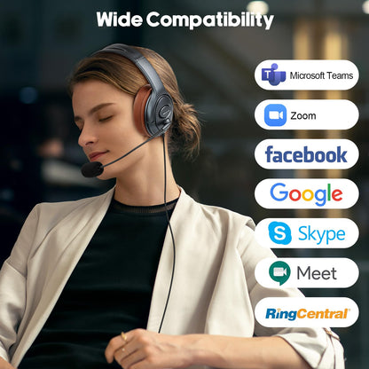 EMAIKER Noise Canceling USB Headphones with Microphone & in-Line Controls for Dragon Dictation, Over Ear PC Headphones for Office Work from Home Skype Teams Zoom Meeting WebEx Softphone