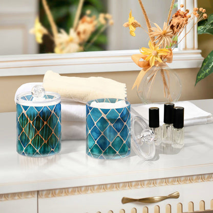 Fustylead 2 Pack Blue-green Squares Qtip Holder Dispensers, Bathroom Storage Canister Plastic Apothecary Jar Set for Cotton Swabs, Ball, Pads, Floss
