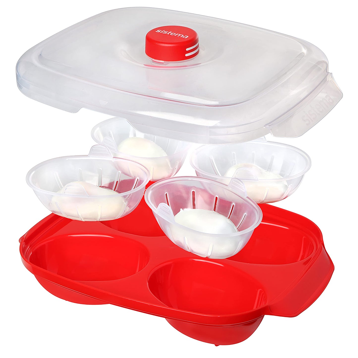 Sistema Microwave Poacher for up to 4 Eggs, Red/Clear, 28.7 x 20.5 x 8.4 cm