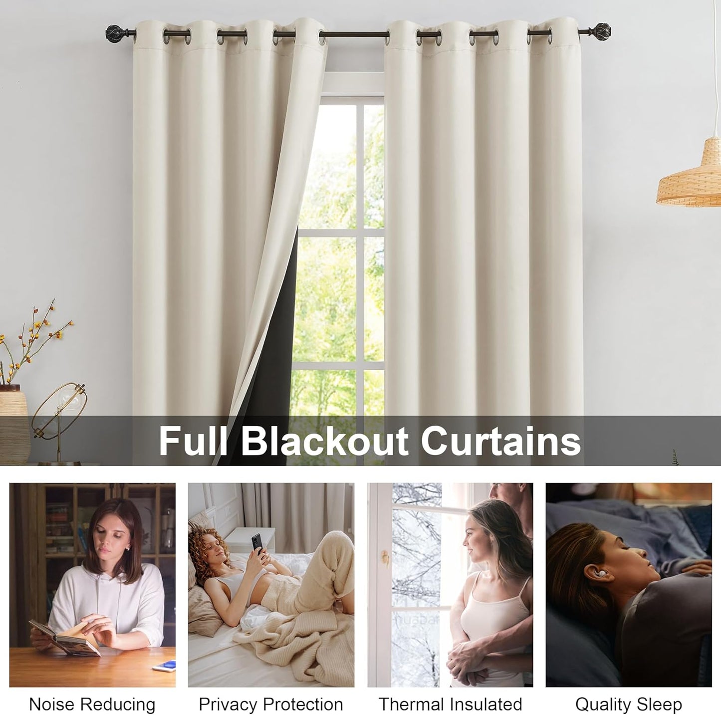 Urban Lotus Ivory Full Blackout Curtains - Thermal Insulated Room Darkening Drapes | 84 Inches, 2 Panels