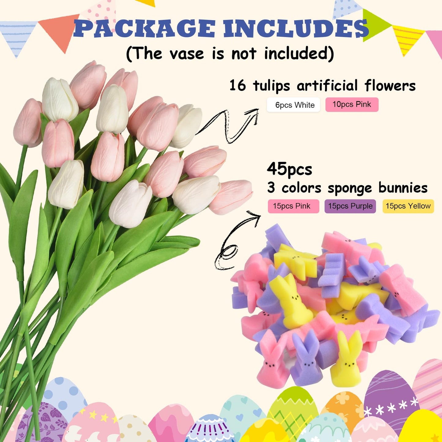letesult Easter Bunny Vase Filler Decorations, 16 PCS Tulips Artificial Flowers & 45 PCS Bunnies Vase Filler Kit, Easter Spring Rabbit Flowers Vase Filler for Table Centerpiece Spring Home Decoration