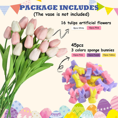 letesult Easter Bunny Vase Filler Decorations, 16 PCS Tulips Artificial Flowers & 45 PCS Bunnies Vase Filler Kit, Easter Spring Rabbit Flowers Vase Filler for Table Centerpiece Spring Home Decoration