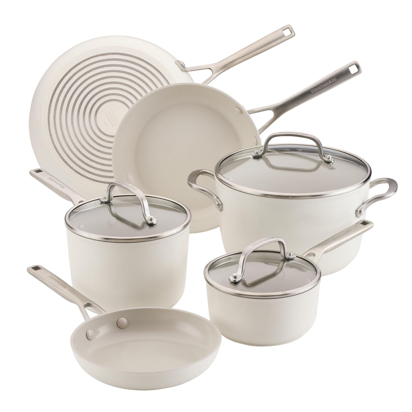 KitchenAid Hard Anodized Ceramic Induction Nonstick Pots and Pans with Saucepans, Frying Pans, Stockpot, and Lids, Dishwasher Safe, 9 Piece Cookware Set with Stainless Steel Handles - Porcelain White