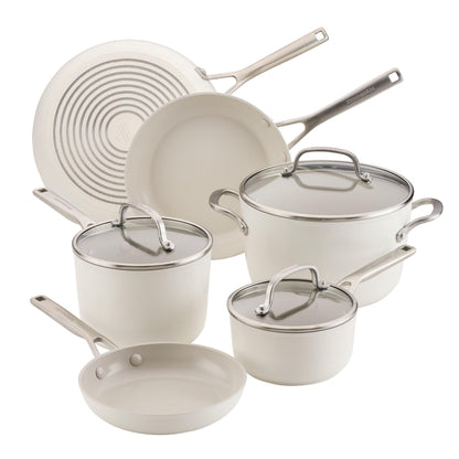 KitchenAid Hard Anodized Ceramic Induction Nonstick Pots and Pans with Saucepans, Frying Pans, Stockpot, and Lids, Dishwasher Safe, 9 Piece Cookware Set with Stainless Steel Handles - Porcelain White