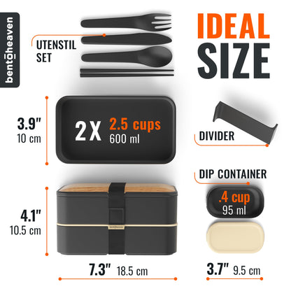 Bentoheaven Premium Bento Box Adult Lunch Box with Compartments for Women & Men, Set of Utensil & Chopsticks & Dip Container, Cute Japanese Kids Bento Lunch Box, Microwavable (Symph Onyx)