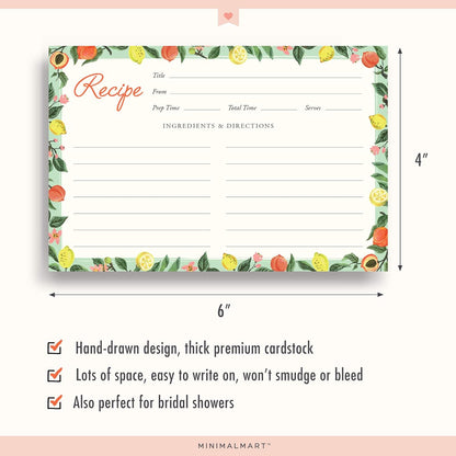 Lemon & Peach Recipe Cards - 4" x 6" Thick Premium Card Stock, Set of 50 for Recipe Box or Binder