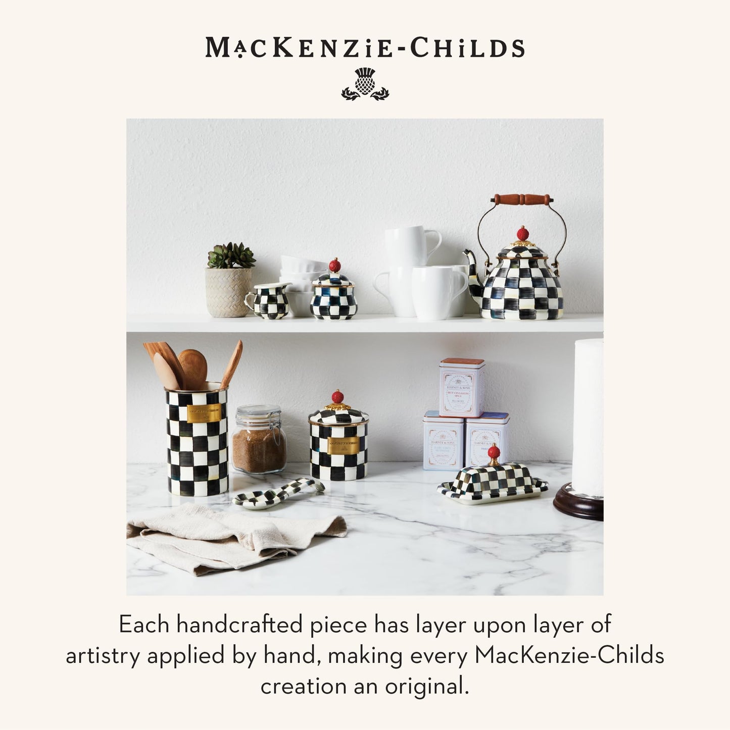 MACKENZIE-CHILDS Enamel Utensil Holder, Kitchen Utensil Holder for Countertop, Storage Caddy, Black-and-White Courtly Check