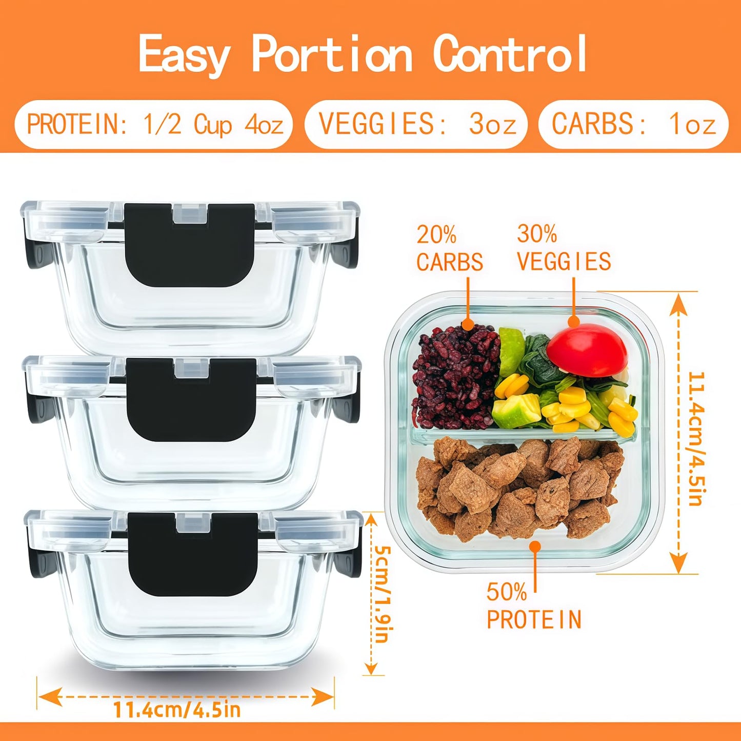 Nafhone Bariatric Meal Prep Containers, 8 oz Glass Bariatric Portion Control Containers with Two 4 oz Compartments (3 Pack), Reusable Lunch Box Bento Box with Lids, Glass Snack Containers with Lids