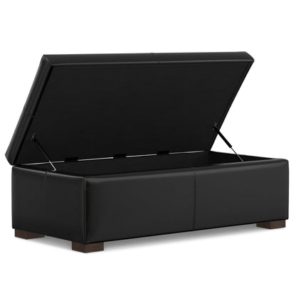 SIMPLIHOME Gabbie Storage Ottoman - 48 inch Wide Upholstered Vegan Leather Rectangle Storage Ottoman Bench in Midnight Black, Contemporary Ottoman for Living Room with Lift-Up Lid