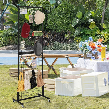 OUDUCK 1.8' x 5.7' Grid Wall Panels Standing Wire Grid, Display Rack with T-Base Wheels Freestanding Gridwall Panel Tower for Shows, Black