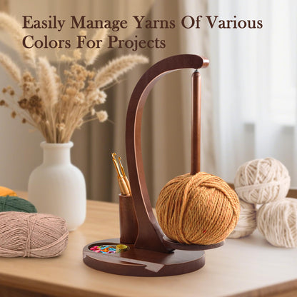 Sewovvmu Crochet Yarn Holder, Yarn Spinner for Crocheting with Phone Stand & Crochet Accessories Storage, Crochet Gift for Knitting Lovers (Brown)