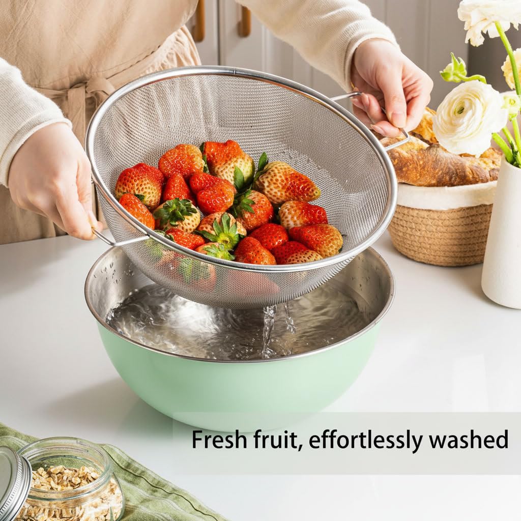 304 Stainless Steel Kitchen Colander Set, 3.5QT Colander with Handle and Bowl, 40 Mesh Fine Strainer, Fast Draining for Rice, Pasta, Fruits & Vegetables, Dishwasher Safe