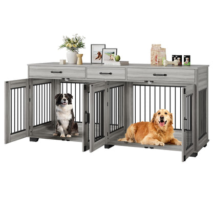 Garvee 71 Inch Large Dog Crate Furniture for 2 Dogs, Wooden Double Dog Crate Large Breed with Door, Dog Kennel Indoor, TV Stand End Table with Divider for Large Medium Dogs,Grey