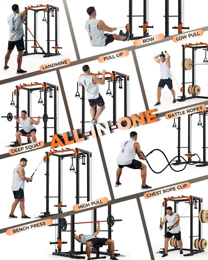 Power Cage for Home Gym, 2000LBS Power Rack with Cable Crossover and Dual Independent Pulley System, Squat Rack with LAT Pull Down System, Workout Cage for for Full Body Training