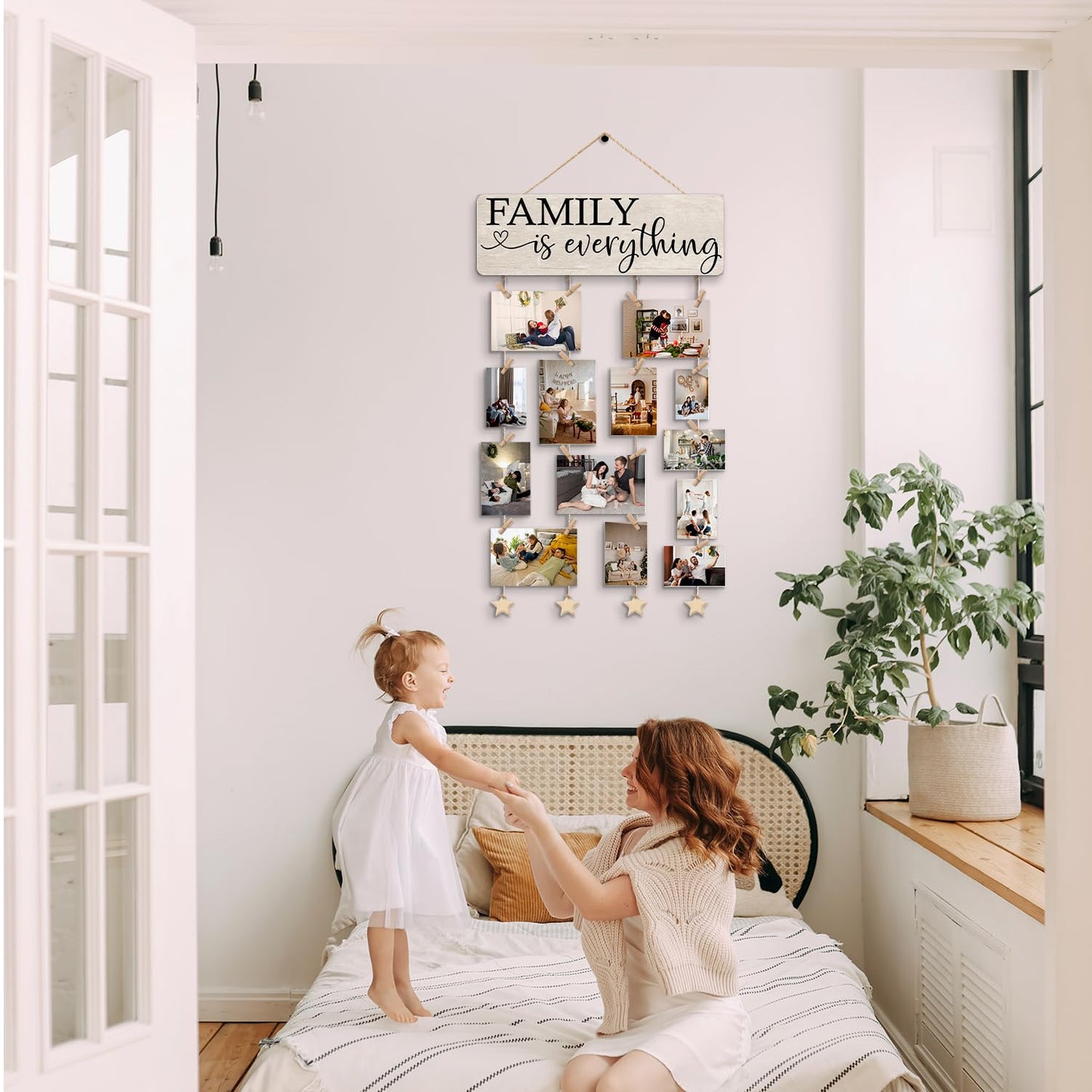 NaZaUK Family Picture Frames Collage Wall Decor Hanging Display, Family is Everything, Hanging Photo Display with Clips, Picture Board Wood Rustic Frames, Bedroom Decor for Teen Girls