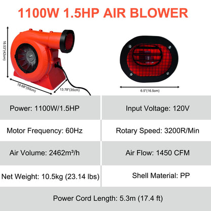 GONFLABLE Air Blower, 1100Watt/1.5HP Powerful Bounce House Blower, Portable Fan Pump Commercial for Large Inflatables, Water Slides, Castle, Jump Slides, Holiday Decorations