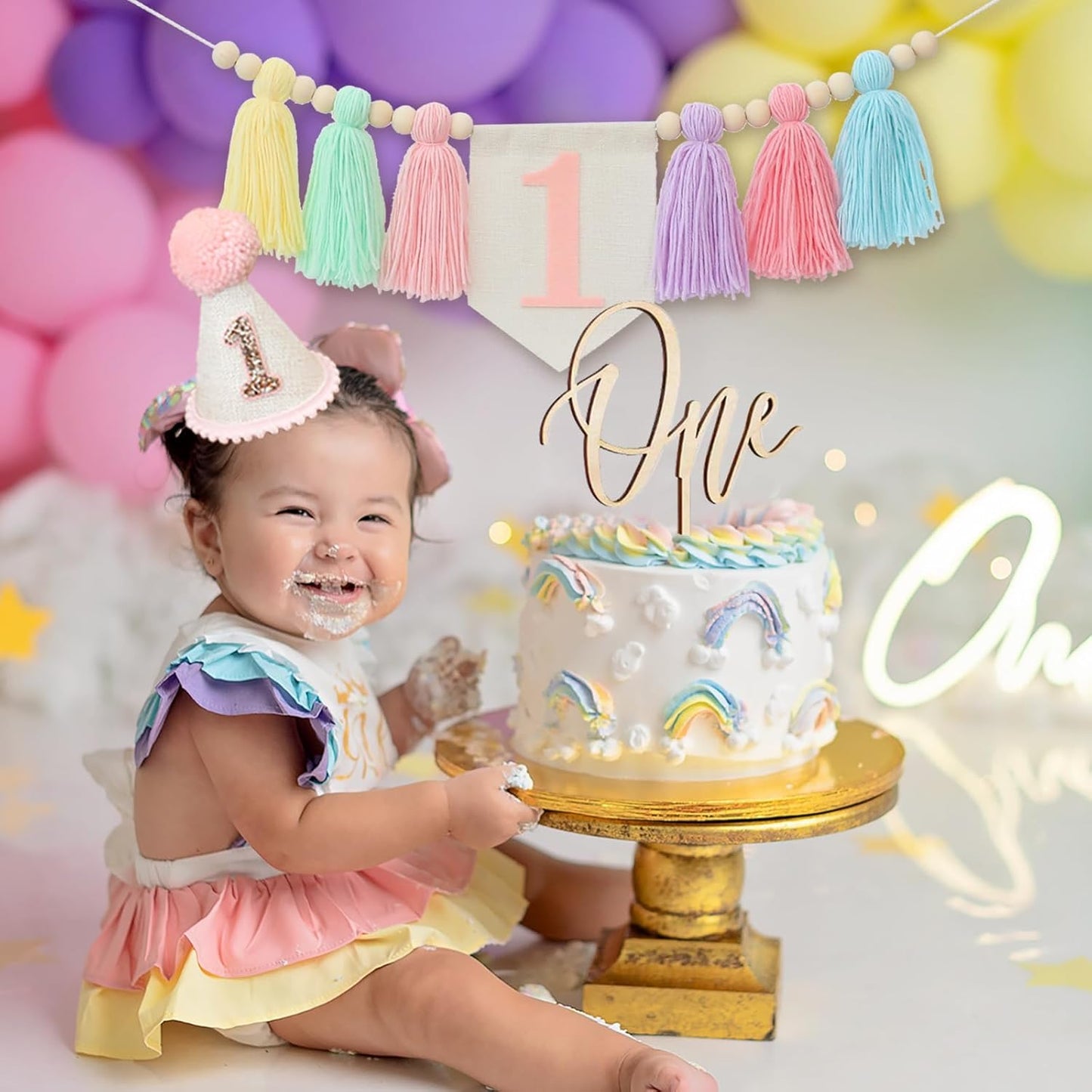 1st Handmade Boho Macaron Theme Birthday High Chair Banner for Baby Girls with Pink First Birthday Cone Hat and One