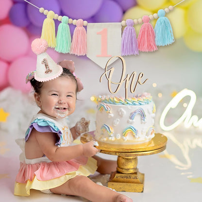 1st Handmade Boho Macaron Theme Birthday High Chair Banner for Baby Girls with Pink First Birthday Cone Hat and One