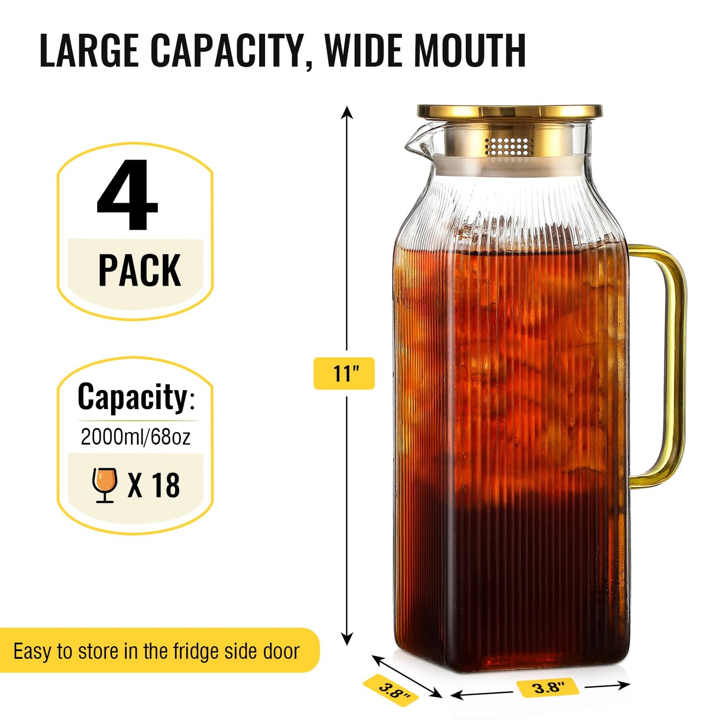 4 Pack 2 Liter/68 oz Square Glass Pitcher with Lid, Classic Stripes Water Pitchers with Handle for Fridge, Large Jug for Iced Tea, Coffee, Borosilicate Glass Carafe for Hot/Cold Brew Drink, Gold