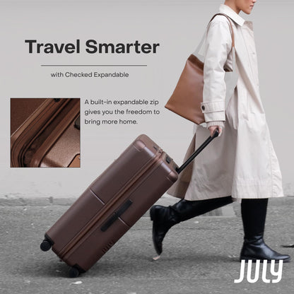 July Checked Expandable - 24.5" Airline Approved Check In Luggage with Wheels, Spinner Suitcase for Men & Women - TSA Lock Rolling Suitcase, Spinner Wheels, Expansion Zip, Y-Strap - Dark Brown