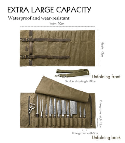 HEZHEN Chef Knife Roll Bag 16oz Oil Waxed Canvas, Heavy Duty Portable Backpack Knife Case Storage, 12 Slots & 2 Zipper Pockets, Detachable Adjustable Leather Shoulder Strap Belt（Not Included Knives）