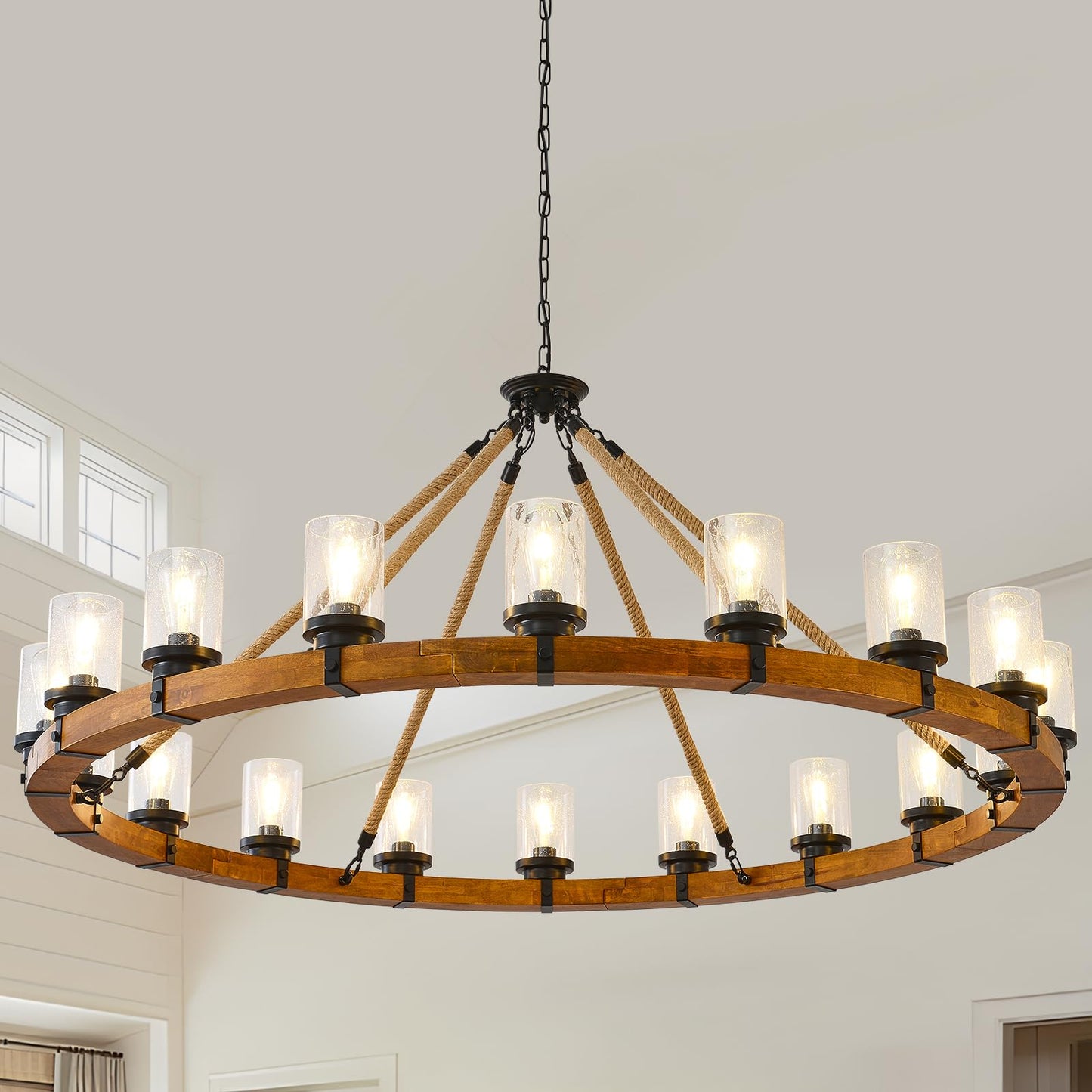 FOVICY 60-Inch Wood Wagon Wheel Chandelier with Bubble Glass Shade, 18-Light Extra Large Farmhouse Chandelier, Rustic Light Fixture for Dining Room High Ceilings Entryway