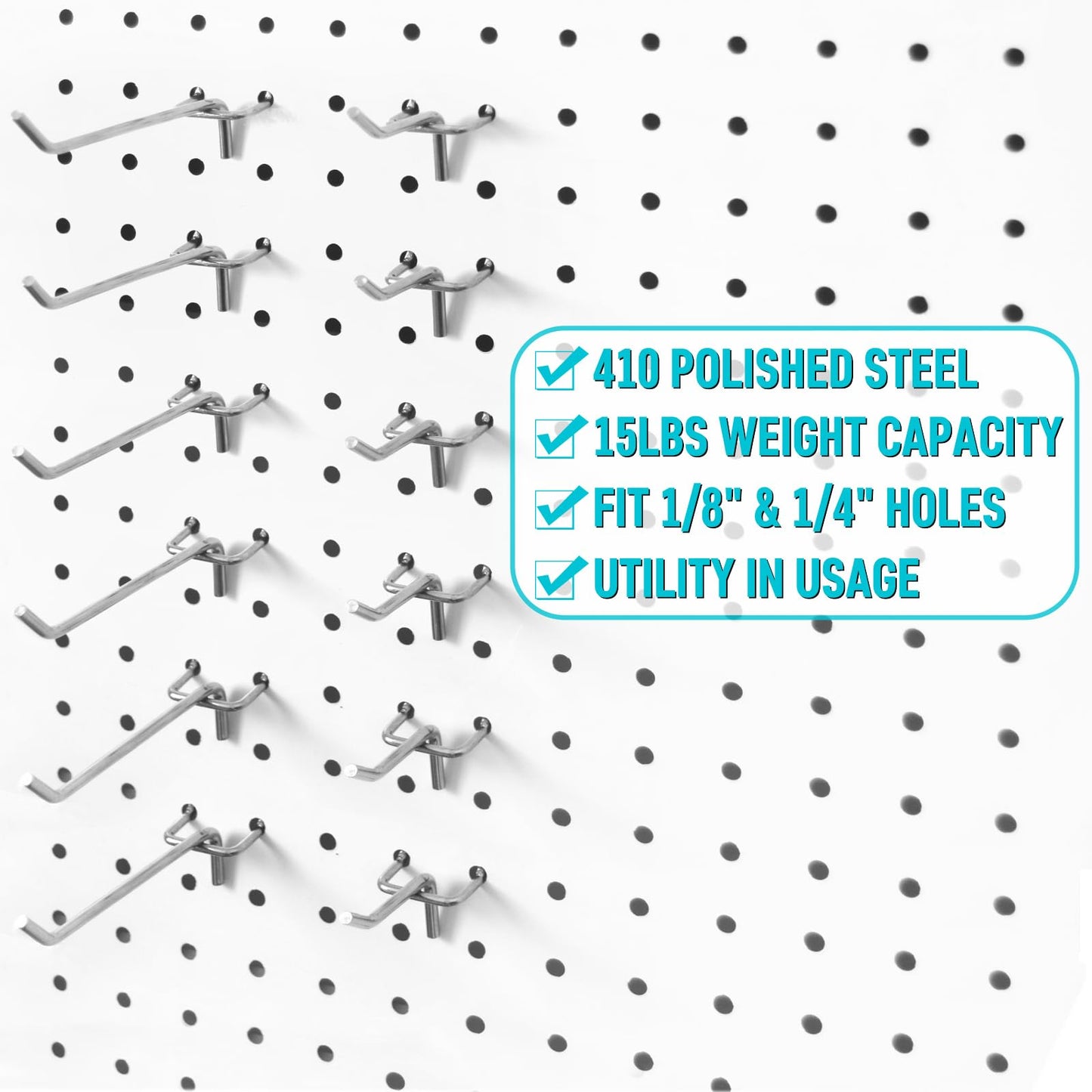 Pegboard Hooks Accessories - 62pcs 2/4/6 Inch Metal Peg Board Tool Hangers, Fits 1/8 1/4 Pegs Slots, Pegboard Wall Organizer Shelving Racks, Hanging Display Storage Holders for Garage Craft Office