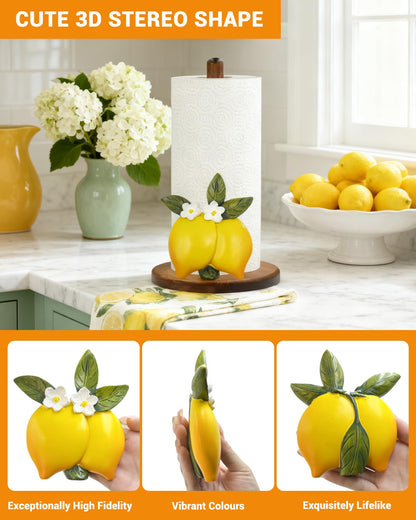 Lemon Paper Towel Holder, Yellow Lemon Kitchen Decor for Countertop, Gifts for Women, Wooden Stand with 3D Resin Fruit Accent, Non-Slip Base, Fits Standard & Jumbo Rolls