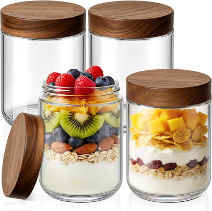 16 oz 4-Pack Bumobum Overnight Oats Containers with Lids, Glass Mason Jars with Acacia Wood Airtight Lid, Wide Mouth