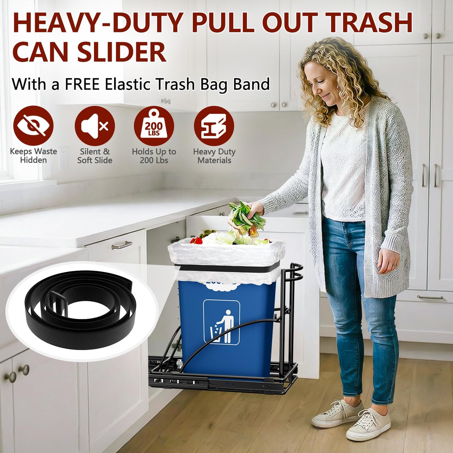 ANASTA Under Sink Trash Can Pull Out Trash Hidden for 30-50 Qt 7-13 Gallon Garbage Can Under 13" Wx19 Dx17 H Cabinet, Black Pull Out Kit with Full Extension Slide for Kitchen and Bathroom, No Bin