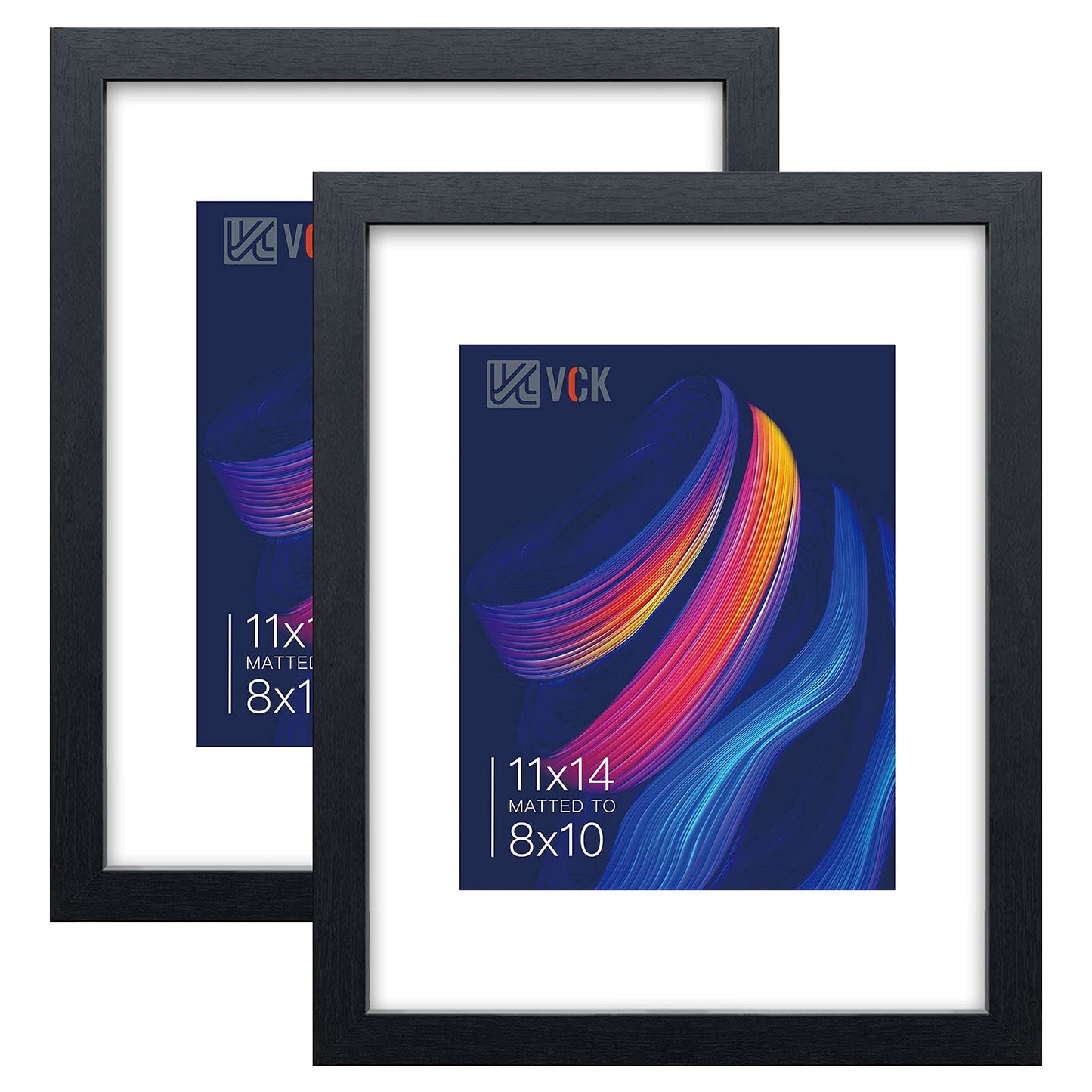 VCK 11x14 Picture Frame Set of 2 - Black, Textured Exclusive Wooden Frames with HD Glass, Display Photo 8x10 with Mat or 11x14 Without Mat