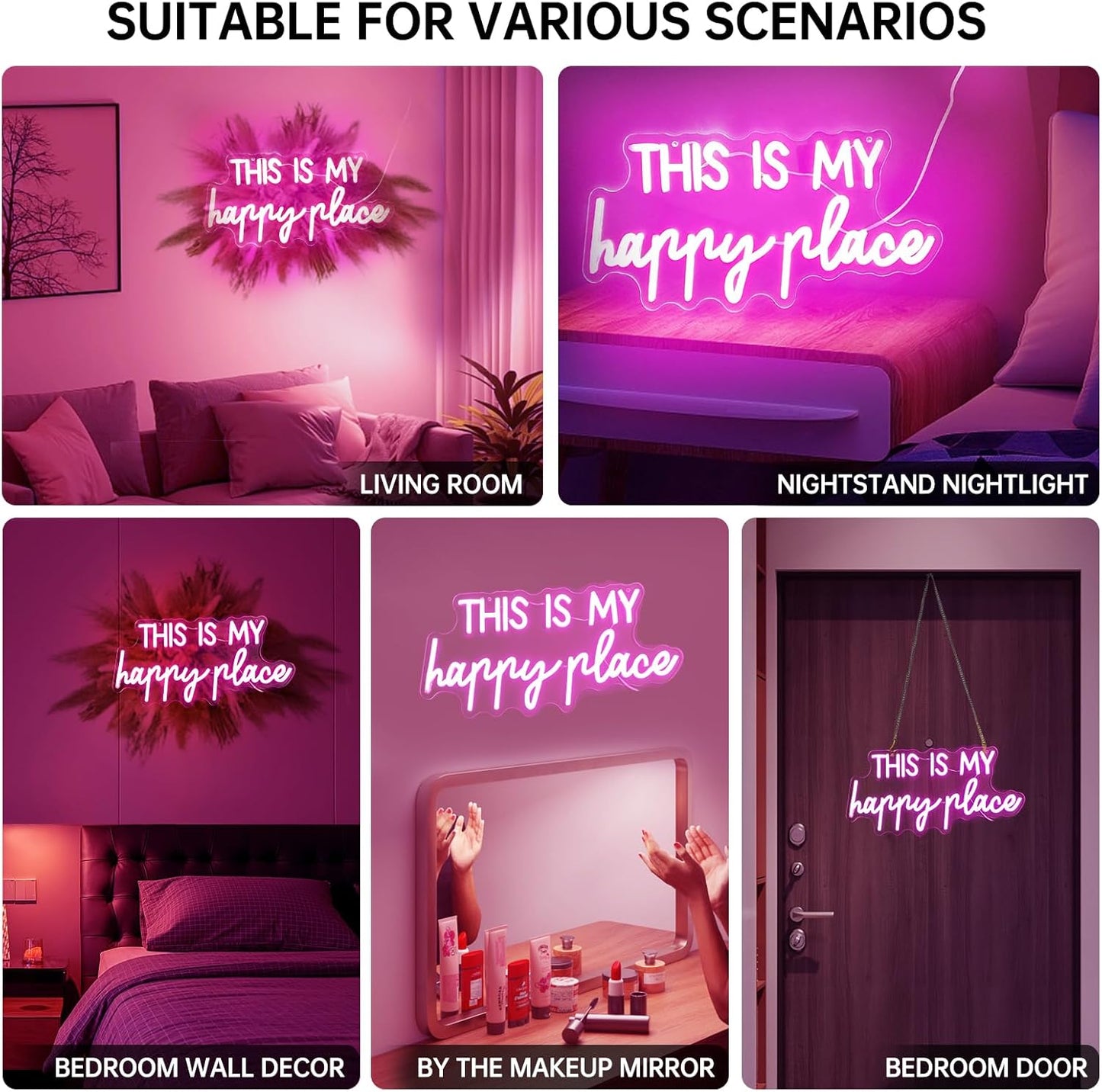 Neon Signs for Wall Decor - This Is My Happy Place Neon Signs for Teen Girls Bedroom Decor, Pink Led Neon Lights for Wall Decor, Nightstand Light, Dimmable Switch USB Power, Adhesive Hook Included