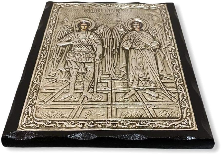 Handmade Greek Christian Orthodox Wood-Metallic Icon of Archangels Michael and Gabriel - 24 X 19cm or 9.4 X 7.5 In