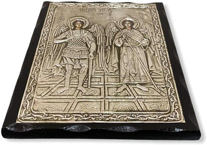 Handmade Greek Christian Orthodox Wood-Metallic Icon of Archangels Michael and Gabriel - 24 X 19cm or 9.4 X 7.5 In