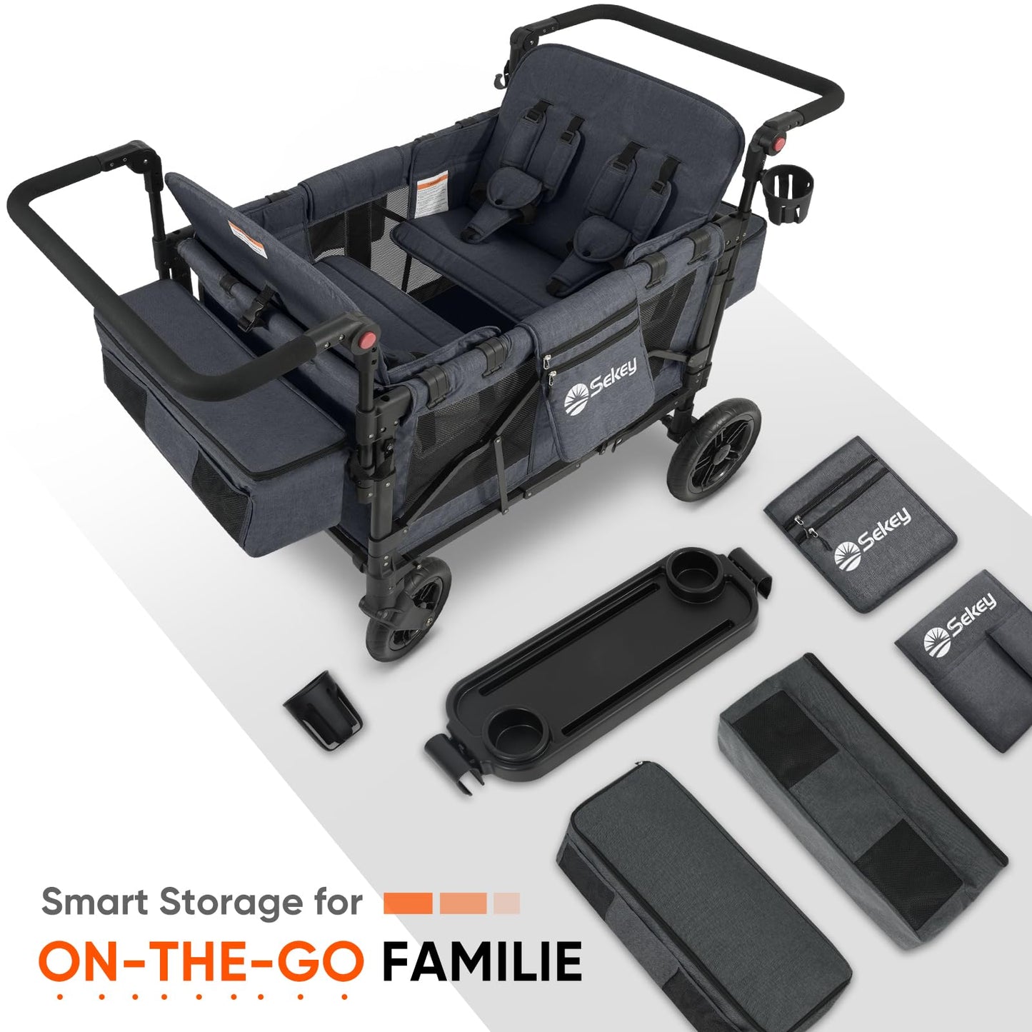 Sekey 4 Seater Stroller Wagon for Kids - Premium Quality with Convertible Seats, Adjustable Push Handles, Removable Canopy, Snack Tray & Cooler, US Certified.