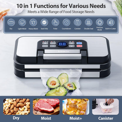 95Kpa Precision Pro Vacuum Sealer, with Double Heat Seal & Dual-Pump for Dry/Moist Food, 2X Strength, Food Vacuum Sealer Machine with Easy-Lock Handle, Built-in Cutter & Bag Storage, Stainless Steel