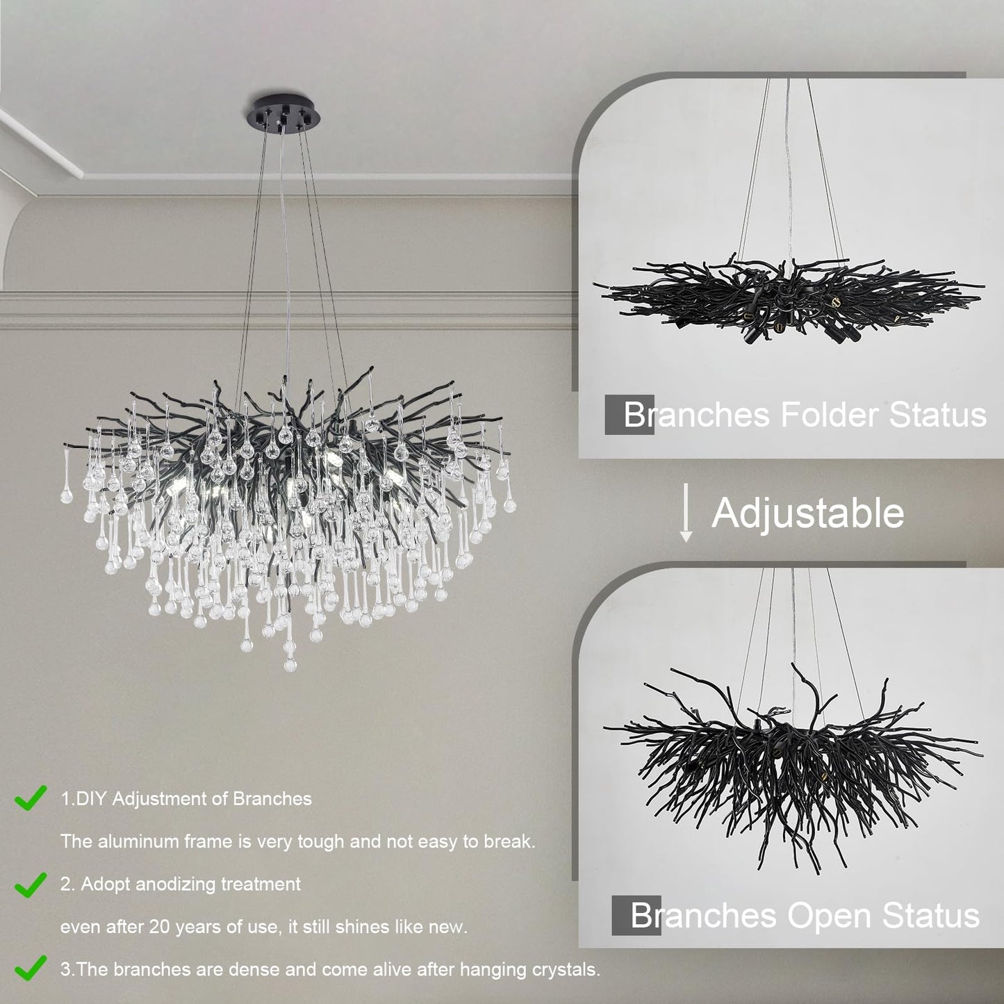 NIUZDU Chandeliers for Dining Room - 23.6" Modern Black Crystal Chandelier, Round Tree Branch Raindrop Chandelier, Foyer Chandeliers for Entryway, Living Room,Bedrooms,Bathroom(Bulb not Included)