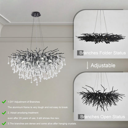 NIUZDU Chandeliers for Dining Room - 23.6" Modern Black Crystal Chandelier, Round Tree Branch Raindrop Chandelier, Foyer Chandeliers for Entryway, Living Room,Bedrooms,Bathroom(Bulb not Included)